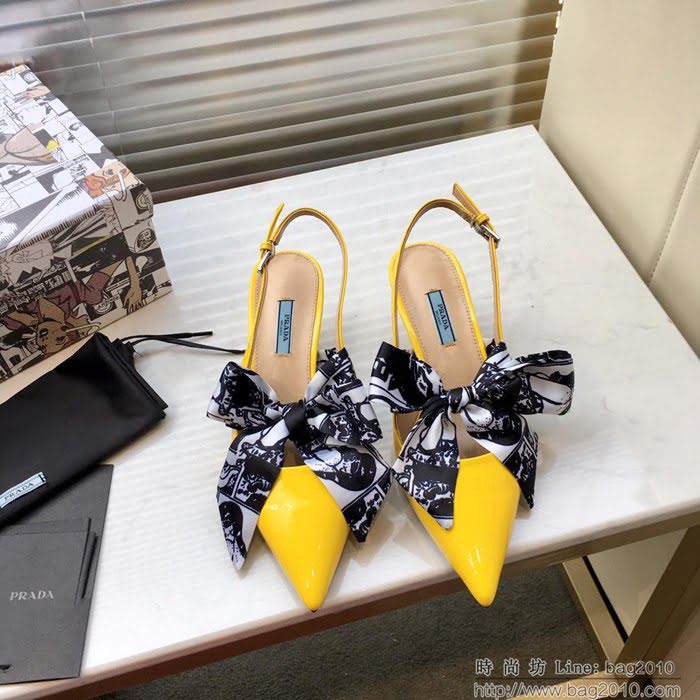 PRADA普拉達 2019早春新款 蝴蝶結絲帶 百搭款 高跟涼鞋 牛漆皮 女尖頭鞋 一鞋兩穿  ljl1462